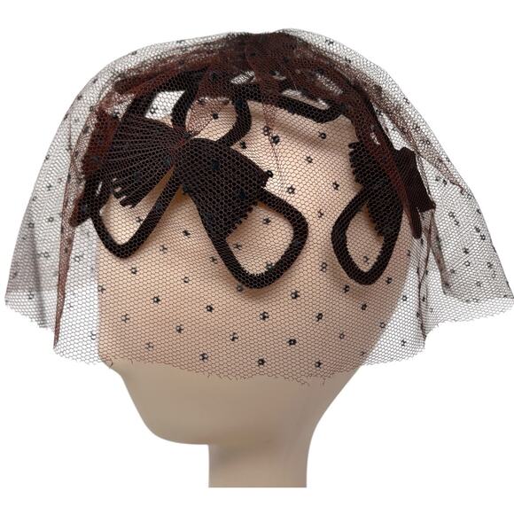 Vintage 1950s Veiled Black Cocktail Hat Fascinator Brown Net Bow Millinery main image 3